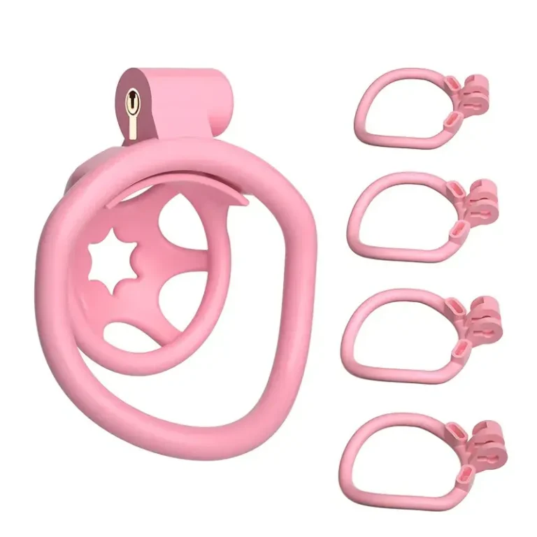 KHÓA CHASTITY HỒNG – 4 VÒNG KÈM KHÓA NHỰA CAO CẤP