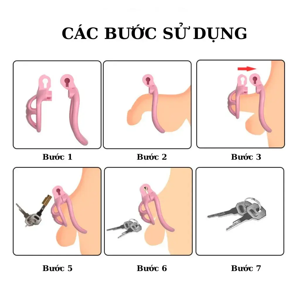 KHÓA CHASTITY HỒNG – 4 VÒNG KÈM KHÓA NHỰA CAO CẤP