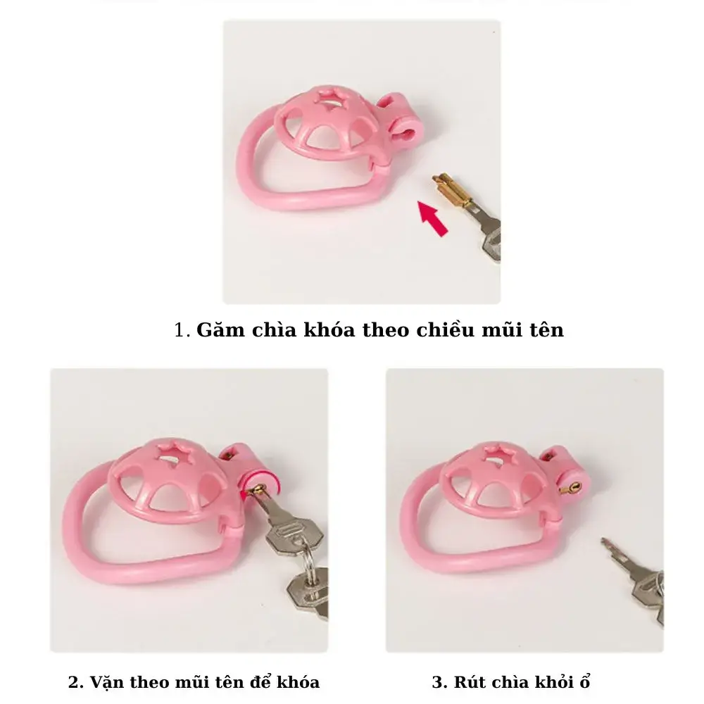 KHÓA CHASTITY HỒNG – 4 VÒNG KÈM KHÓA NHỰA CAO CẤP
